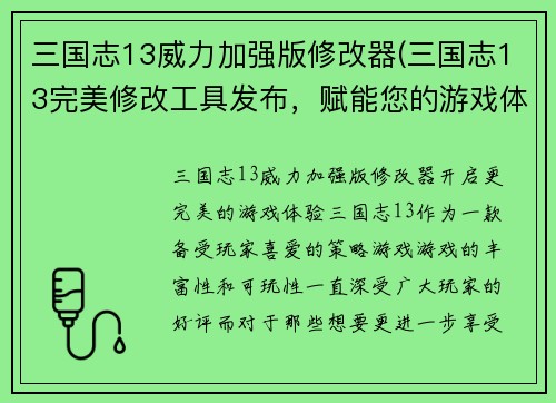 三国志13威力加强版修改器(三国志13完美修改工具发布，赋能您的游戏体验)