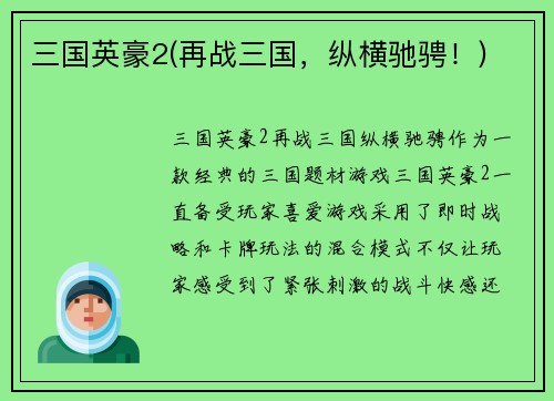 三国英豪2(再战三国，纵横驰骋！)
