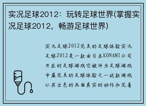 实况足球2012：玩转足球世界(掌握实况足球2012，畅游足球世界)